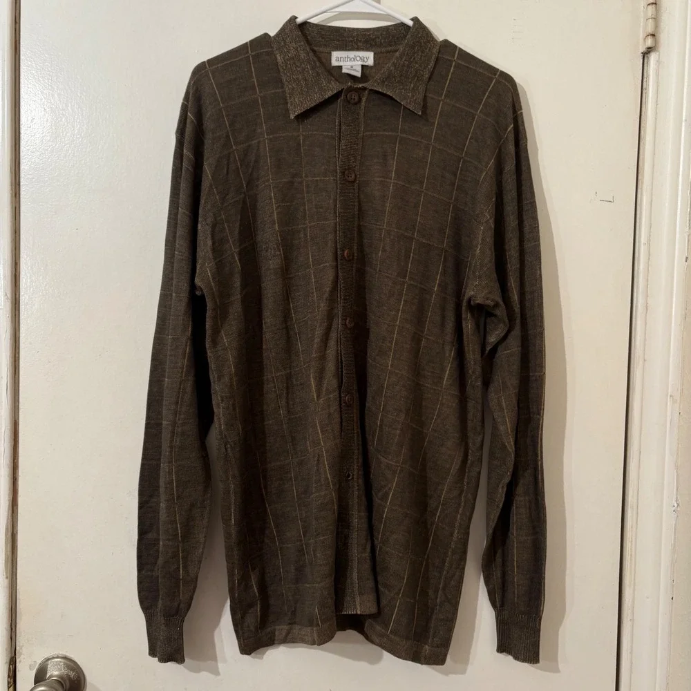 Anthology Mens Brown 100% Silk Grid Button Down Sweater Knit Polo Size Medium